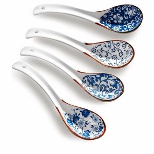 White Ceramic Soup Spoons with Blue Floral Interior - Set of 4